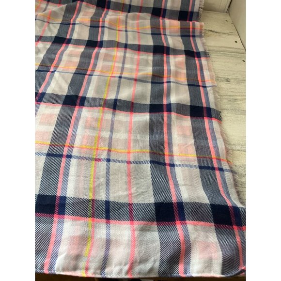 Woman’s pink blue yellow plaid lightweight scarf with fringe - Picture 3 of 3